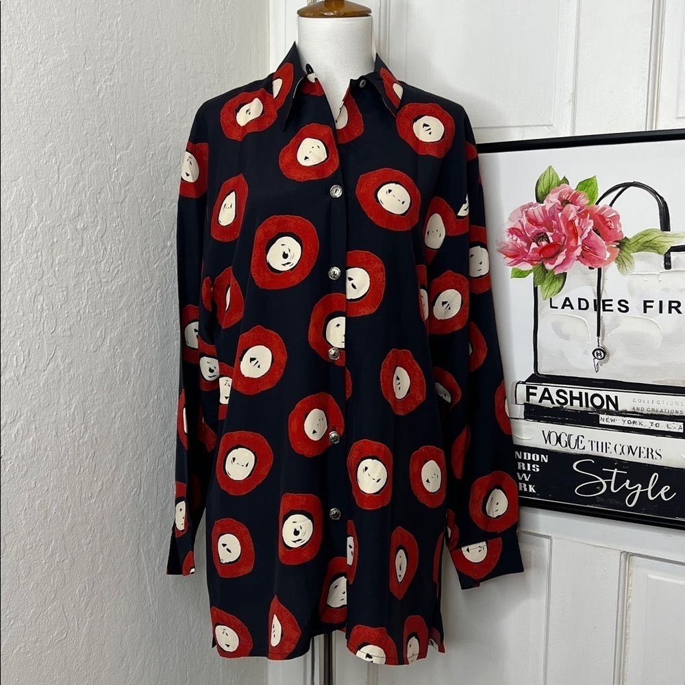 Vintage Anne Fontaine Black & Red Button Down Blouse Size 2